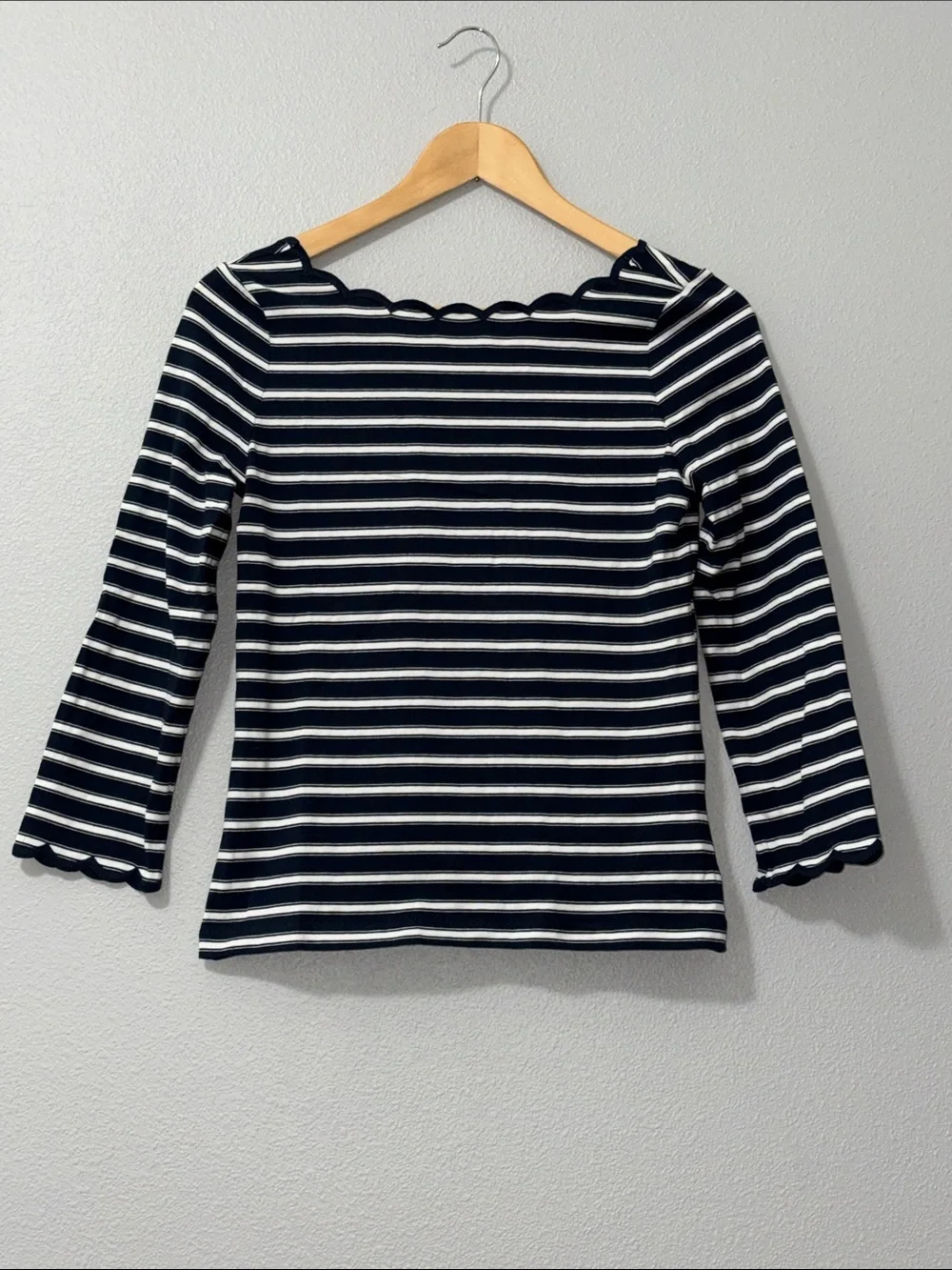kate spade Navy and White Scalloped-Trim Striped Long Sleeve Top NWOT